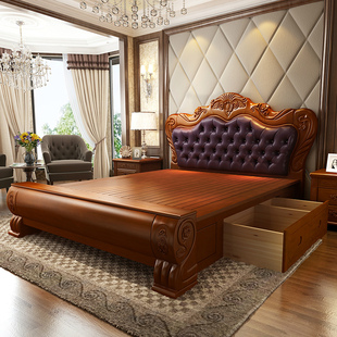 实木床1.8m双人床高箱储物抽屉2米2.2米大床主卧现代简约婚床 欧式