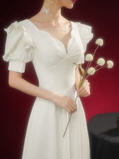 礼服 领证小白裙宴会气质洋装 白色缎面晚礼服女高级感平时可穿法式