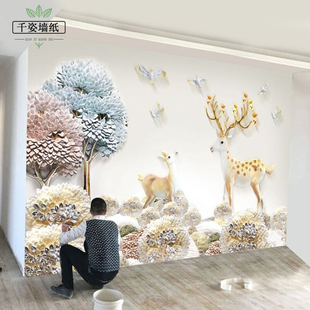 北欧森林麋鹿树林电视背景墙壁纸现代简约5d立体客厅沙发壁画墙布