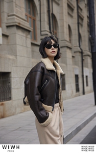 复古现代感棕黑色皮夹克外套进口绵羊皮拼接设计 WIWH23重磅新品