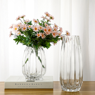 现代插花瓶家居客厅工艺摆设 水培花器 简约几何竖棱玻璃花瓶透明
