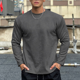 男T恤卫衣麂皮绒纯色圆领打底衫 健身肌肉训练潮 运动长袖 美式 新款