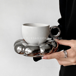 小众设计陶瓷杯礼物 工业风ins高级感奶fufu花朵胖胖咖啡杯碟套装