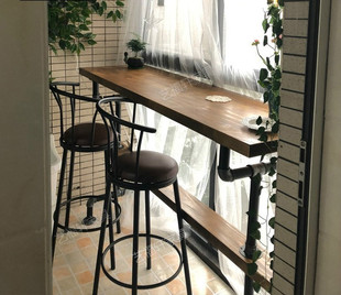 实木酒吧桌靠墙吧台桌长条铁艺水管高脚家用现代简约吧台桌椅 美式