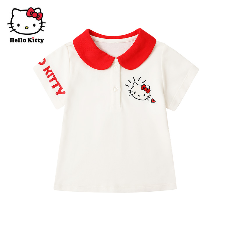 Hello Kitty童装 上衣夏薄卡通翻领T恤上衣 女童纯棉休闲短袖