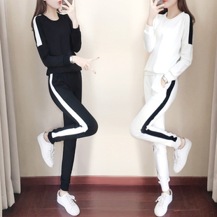卫衣两件套 新款 韩版 宽松显瘦黑白跑步服长袖 女春秋季 休闲运动套装