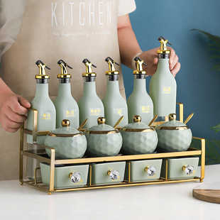 家用陶瓷调料罐子油盐酱醋收纳盒 高颜值厨房调料盒玻璃调味瓶套装