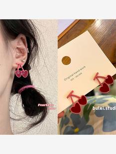 粉红少女 S925银针 韩国小众双爱心设计耳钉 小樱桃耳环2024年新款