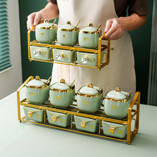 陶瓷轻奢调料盒调味罐厨房方形调料罐子绿色家用抽屉收纳组合套装