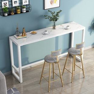 大理石吧台桌商用白色岩板长条桌家用靠墙高脚桌椅阳台桌奶茶店桌