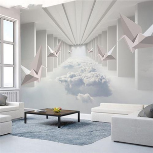 立体壁画延伸空间墙布客厅沙发白云影视墙纸 北欧电视背景壁纸18D