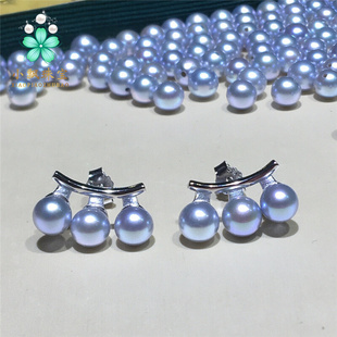 时尚 平衡木三珠耳钉 925纯银蓝色珍珠耳环 日本真多麻还珍珠耳钉