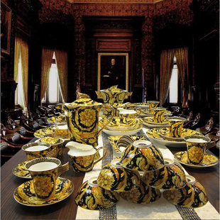 陶瓷西餐具盘子碗勺咖啡具 黑钩藤家用送礼骨瓷餐具套装 70头欧式