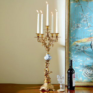 奢华五头陶瓷烛台摆件 陶瓷配铜浪漫蜡烛创意复古香薰烛台美式 欧式