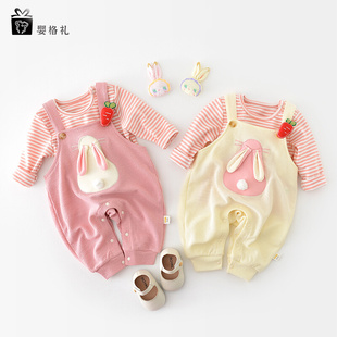 婴儿衣服新生儿用品女宝宝秋季 条纹两件套装 卡通小兔子背带裤 新款