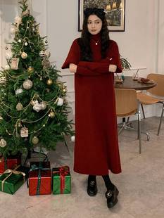 套 红色半高领针织毛衣连衣裙女秋冬圣诞战袍氛围感包臀小妈裙带袖