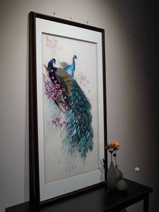 新中式 玄关装 真实孔雀羽毛挂画实物立体画过道背景墙壁画 饰画竖版