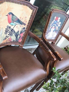 休闲扶手咖啡椅酒店餐厅椅 定制新2023复古做旧全实木餐椅真皮美式