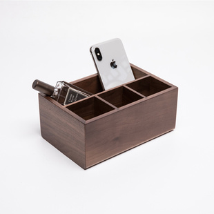 创意家用黑胡桃实木桌面杂物收纳盒木质办公用品整理盒笔筒带分隔