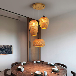 日式 禅意饭店茶室书房装 竹编灯现代中式 饰灯 餐厅吊灯三头创意个性