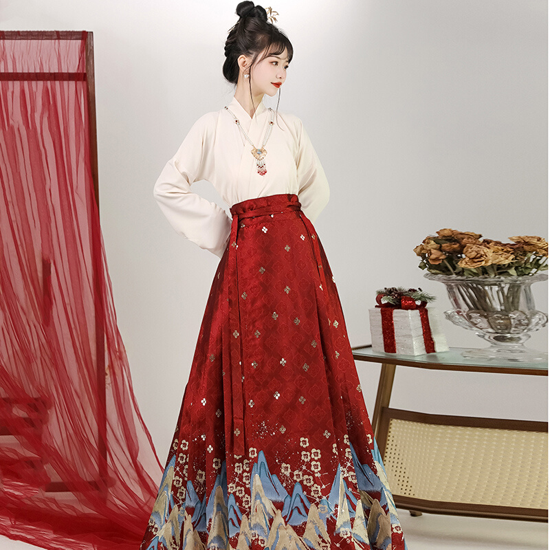 汉服明制马面裙女千里江山日常中式 红色国风织金婚服上衣套装 秋款