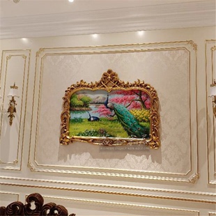 欧 壁炉油画玄关客厅沙发纯手工绘制风景孔雀绿粉美式 140X109横版