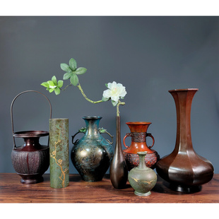 插花6F 日式 日本回流铜器禅意仿古轻奢花瓶摆件复古客厅桌面新中式