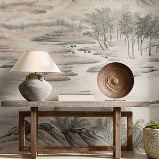 山光水色 无纺布壁纸 客厅沙发背景墙纸 定制古典壁画 新中式 艺速