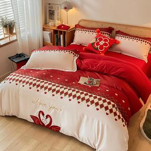 高档刺绣婚庆四件套纯棉大红色被套床单新婚喜被全棉结婚床上用品