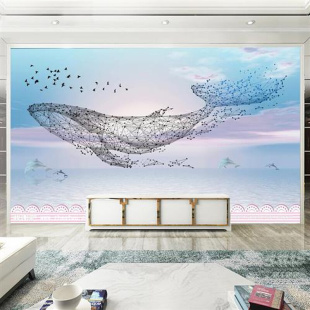 饰 北欧鲸鱼电视背景墙布简约沙发几何海豚壁画浮雕卧室床头装 新款