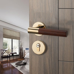 家用磁吸静音房门锁具金色木纹门把手 卧室门锁室内简约分体新中式