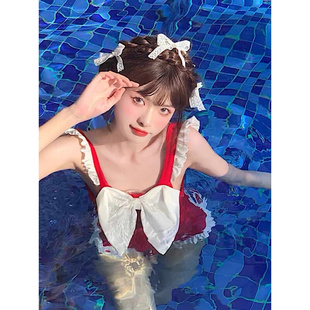 Mimoi日系可爱2023新款 复古泳装 连体游泳衣女夏 网红色蝴蝶结裙式
