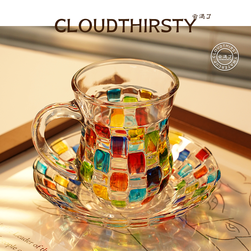 玻璃杯轻奢简约水杯带把手杯碟家用小容量ins风 手绘编织纹咖啡杯