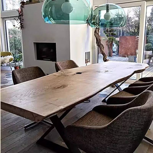会议桌复古餐桌椅实木工作室电脑办 自然边整块原木大板桌时尚 新品