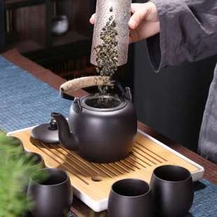 家用简约大号容量泡茶壶客厅茶盘茶杯 紫砂原矿陶瓷提梁壶茶具套装