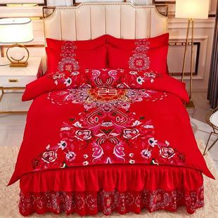 新礼房棉被套床用上 结婚大红色全床罩式 l喜婚庆纯棉四件套床裙款