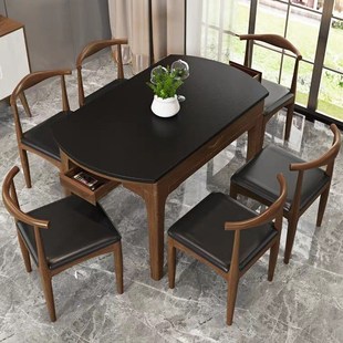火烧石餐桌椅组合家用圆形伸缩饭桌火锅圆桌子可折叠实木餐桌 中式