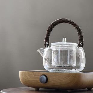 锤纹玻璃煮茶壶藤编提梁壶耐高温烧水壶电陶炉煮茶器 日式
