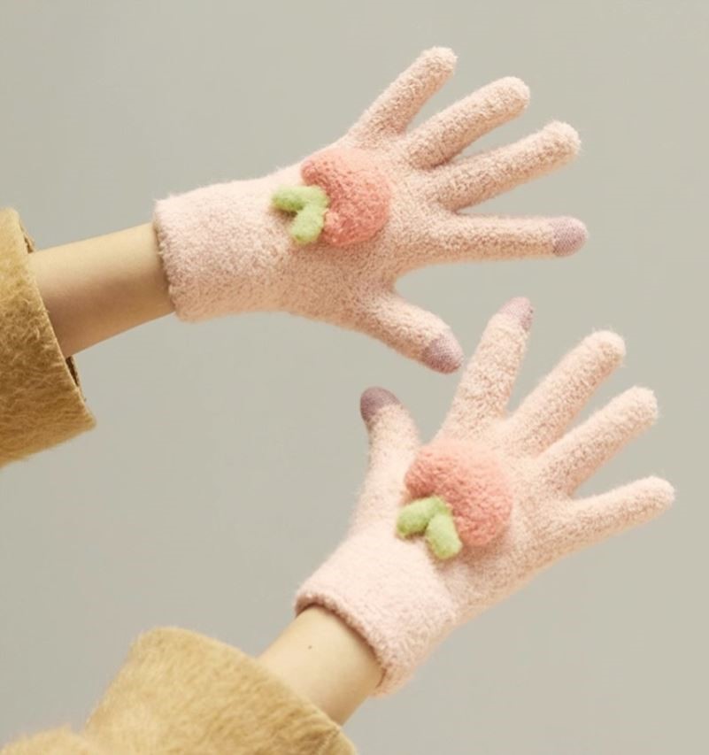 高颜值 冬天女可爱学生保暖加绒骑车毛绒冬季 粉色 针织手套可触屏