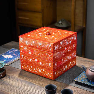 吾和漆器茶具 福州大漆手工制作茶饼枫叶收纳盒 多层叠加茶仓 中式