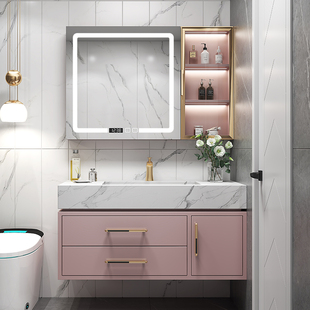 网红浴室柜组合小户型卫生间粉色洗漱台F60cm手池轻奢岩板一体脸