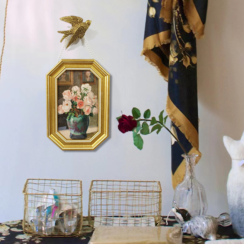 饰画 植物花卉挂画玄关卧室边柜珍珠链八角艺术风油画布装 复古法式