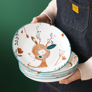 盘子菜盘家用陶瓷碟子餐盘小鹿水果盘圆形网红菜碟日式 餐具套装