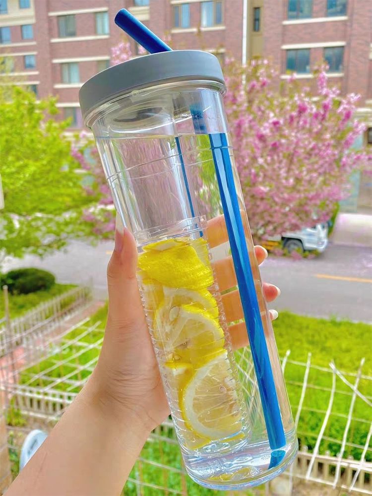 带茶隔水果吸管杯透明塑料学生运动随手杯创意果茶过滤泡茶器水杯