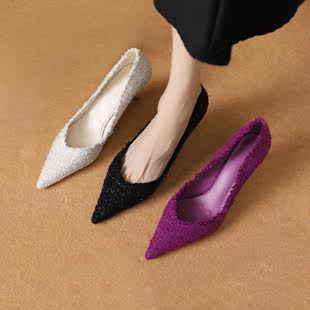 新款 紫色性感羊皮尖头小香风细跟女鞋 名媛优雅气质单鞋 高跟鞋