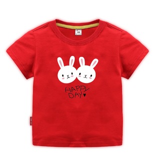 女童半袖 童装 t恤夏款 红色 体恤纯棉可爱洋气小白兔儿童小宝宝短袖