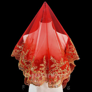 婚礼新娘结婚红盖头半透明头纱软纱秀禾服喜帕中国风头纱头饰 中式