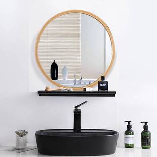 新款 北欧实木圆镜 卫生间楠竹材质高清镜面可悬挂镜 浴室镜化妆镜