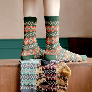 潮袜 民族风双针双路粗线复古彩色加厚原宿风格 袜子女中筒袜秋冬季