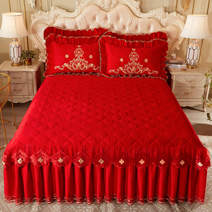 定制大红色棉夹棉床裙床罩单件棉床单加厚刺绣花边保护套防滑